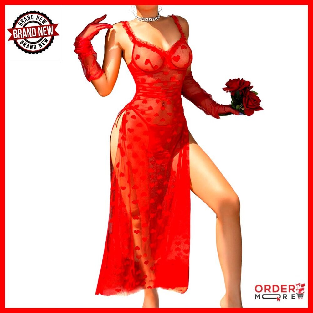 Sheer Ruched Maxi Nightgown with Underwire, Adjustable Straps, High Slit
